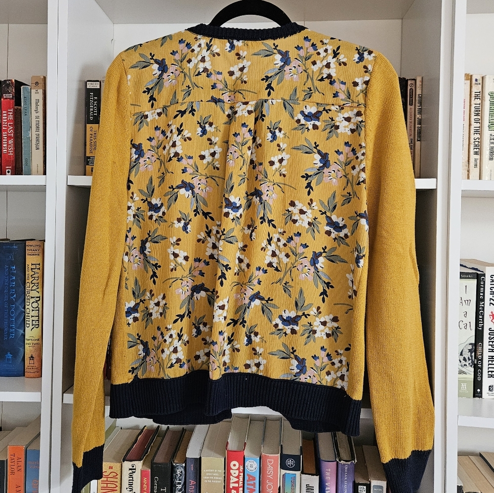 MODCLOTH Mustard Floral Cardigan with Navy Trim